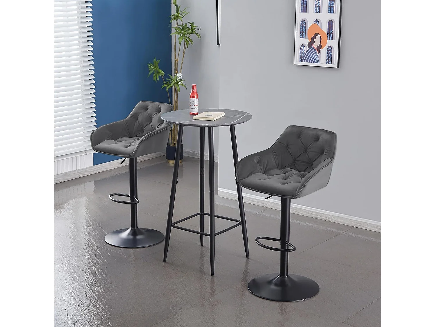 Lot de 2 Tabouret de Bar réglable en Hauteur Chaise Haute pour Bar avec Dossier siège rembouré en Velours Pied en métal (2, Gris)