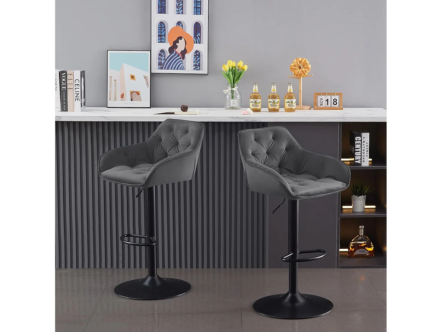 Lot de 2 Tabouret de Bar réglable en Hauteur Chaise Haute pour Bar avec Dossier siège rembouré en Velours Pied en métal (2, Gris)