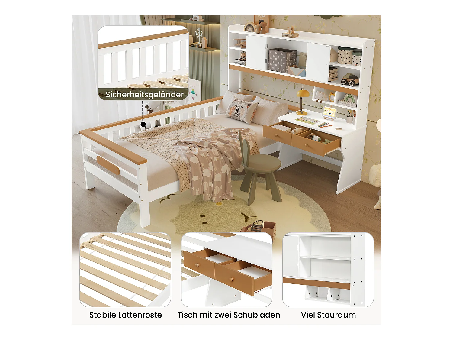 Lit enfant avec rangement - 90 x 200 cm - avec table et 2 tiroirs - pin + MDF + panneau - blanc + naturel