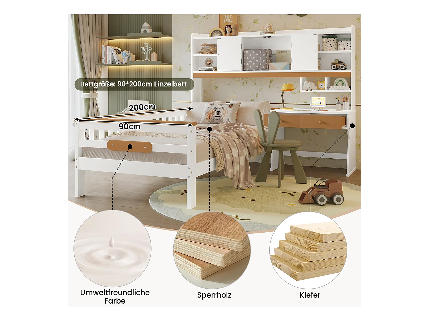 Lit enfant avec rangement - 90 x 200 cm - avec table et 2 tiroirs - pin + MDF + panneau - blanc + naturel