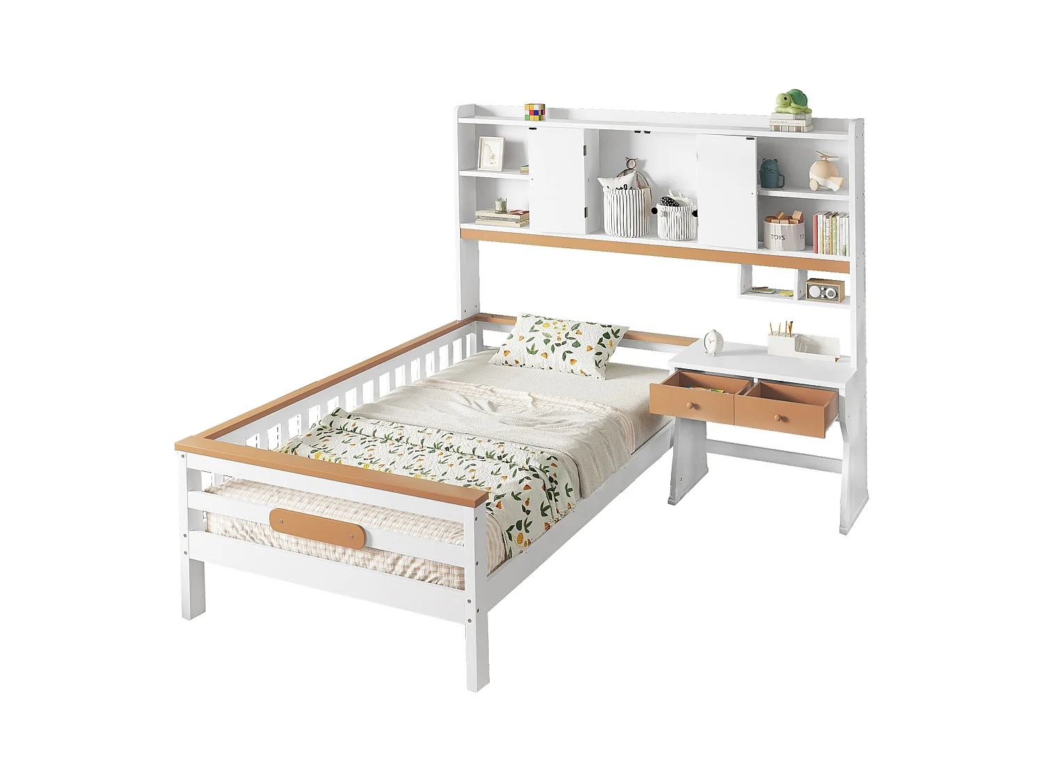 Lit enfant avec rangement - 90 x 200 cm - avec table et 2 tiroirs - pin + MDF + panneau - blanc + naturel