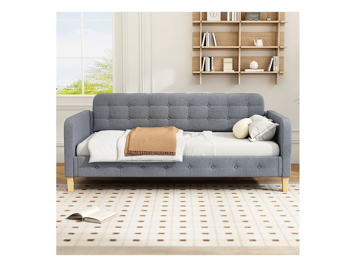 Canapé-lit capitonné - 90 x 200 cm - avec tête de lit - Décor d'ongles de boutons - Tissu lin - gris