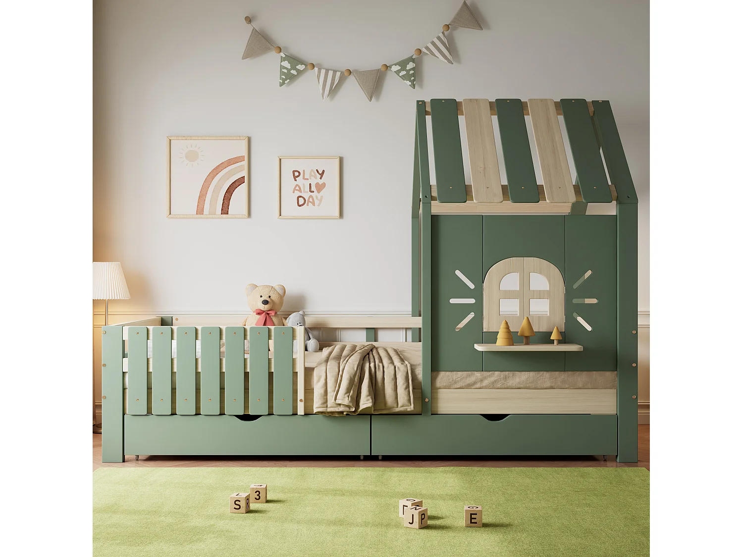 Lit cabane enfant - 90 x 200 cm - avec toit et fenêtre - 2 tiroirs - pin + MDF - vert