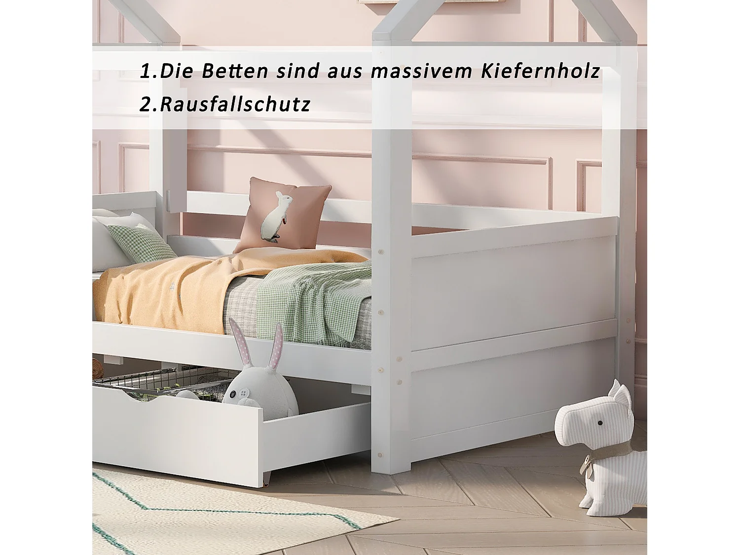 Kinder-Hochbett - 90 x 200 cm - mit Sichtschutzfenster - Massivholz - weiß