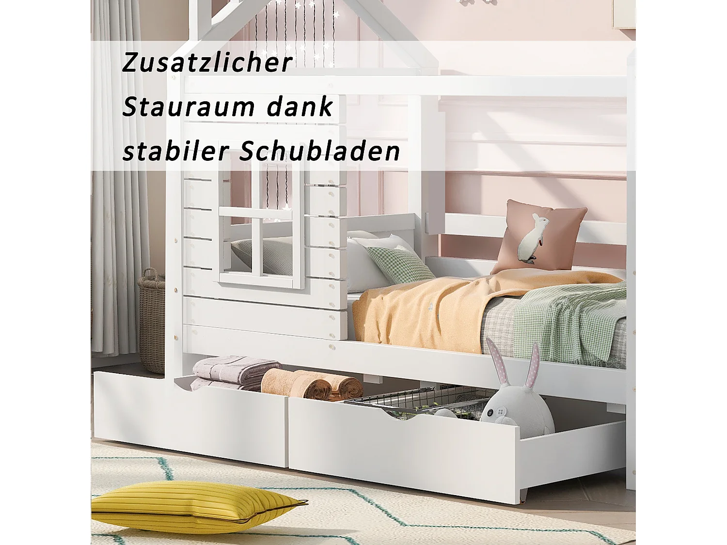 Kinder-Hochbett - 90 x 200 cm - mit Sichtschutzfenster - Massivholz - weiß