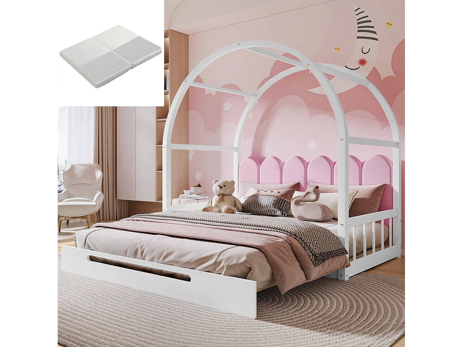 Lit gigogne enfant - 2 x 100 x 140 cm - avec coussins en velours et matelas - en bois - blanc + rose