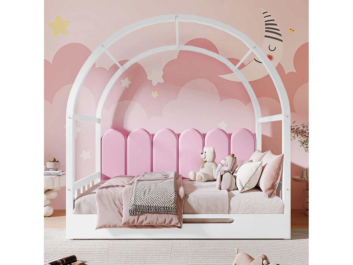 Lit gigogne enfant - 2 x 100 x 140 cm - avec coussins en velours et matelas - en bois - blanc + rose