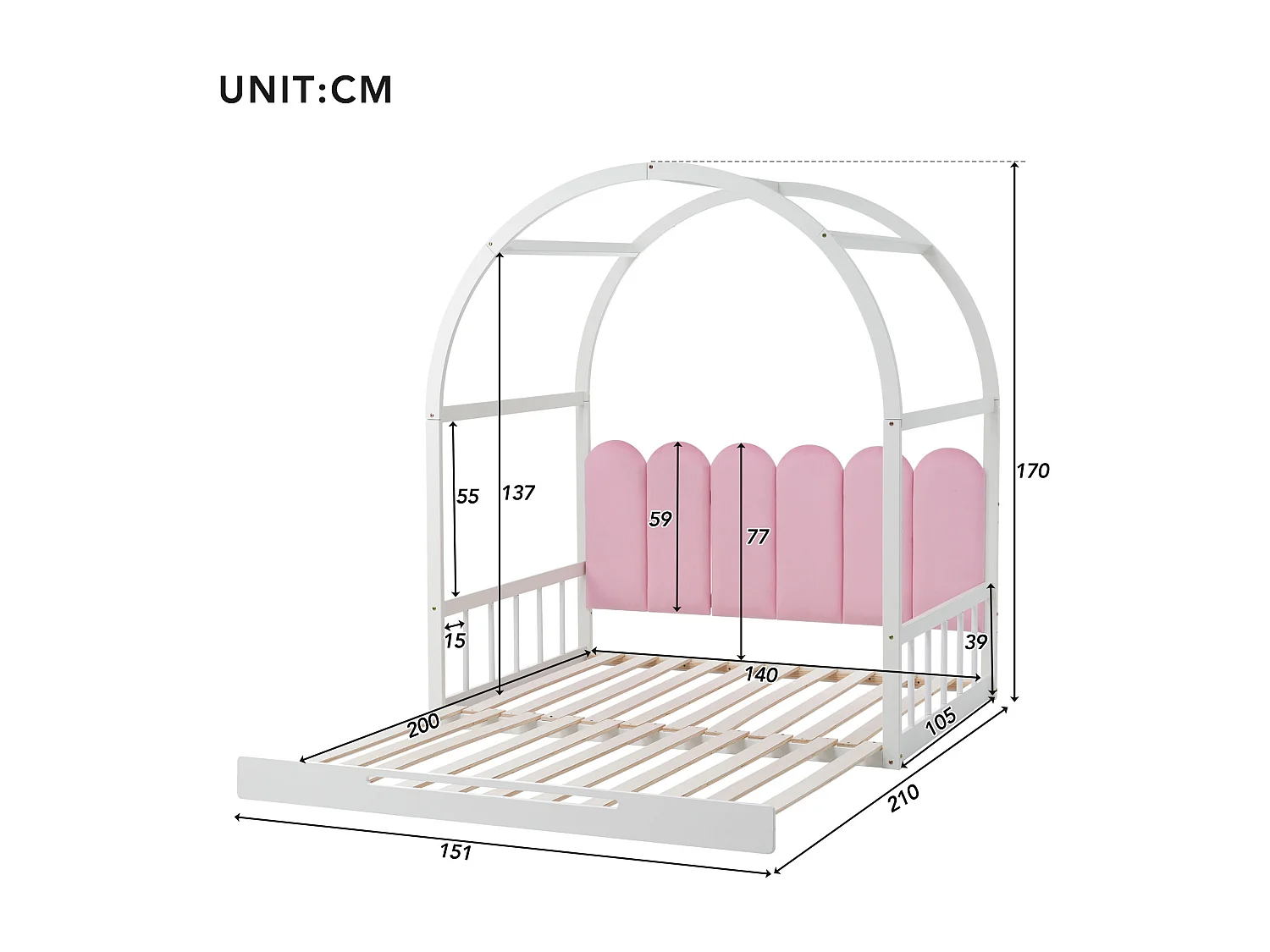Lit gigogne enfant - 2 x 100 x 140 cm - avec coussins en velours et matelas - en bois - blanc + rose