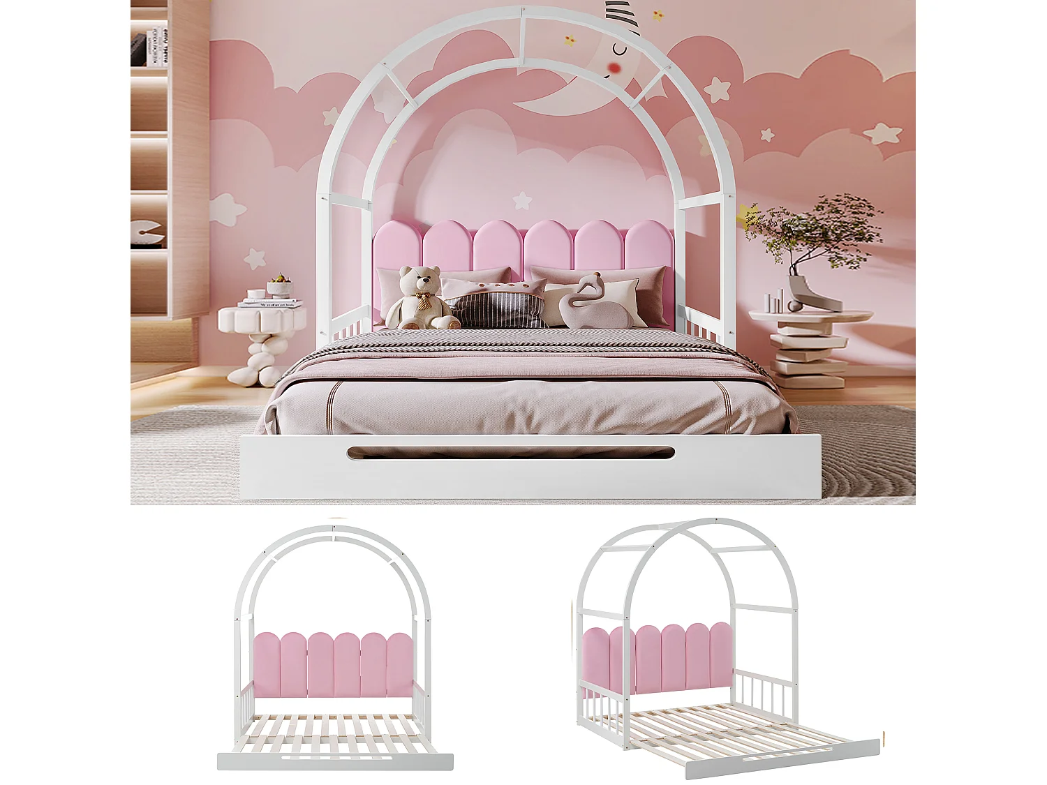 Lit gigogne enfant - 2 x 100 x 140 cm - avec coussins en velours et matelas - en bois - blanc + rose