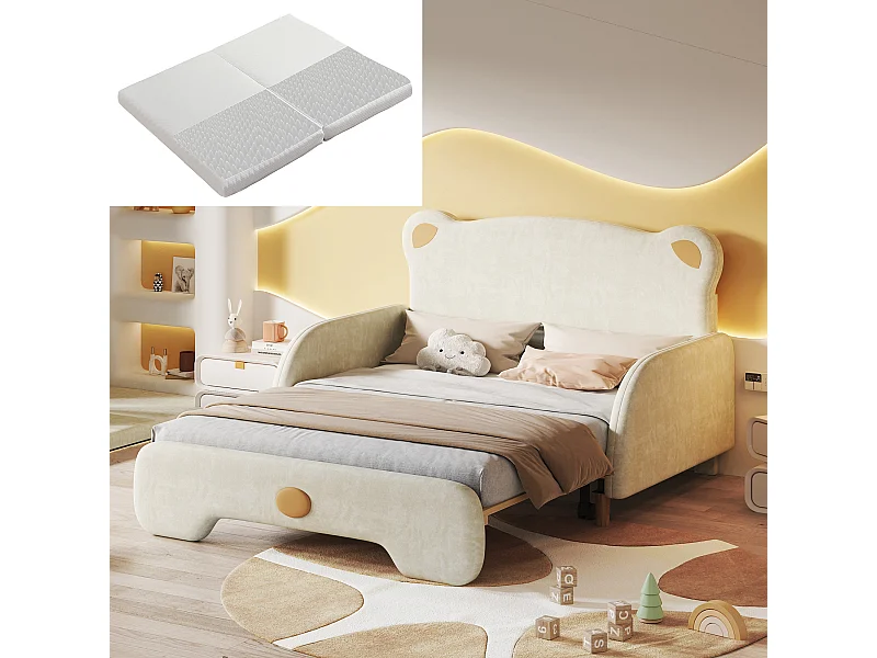 Lit gigogne enfant - 2 x 100 x 140 cm - avec matelas - en velours - blanc
