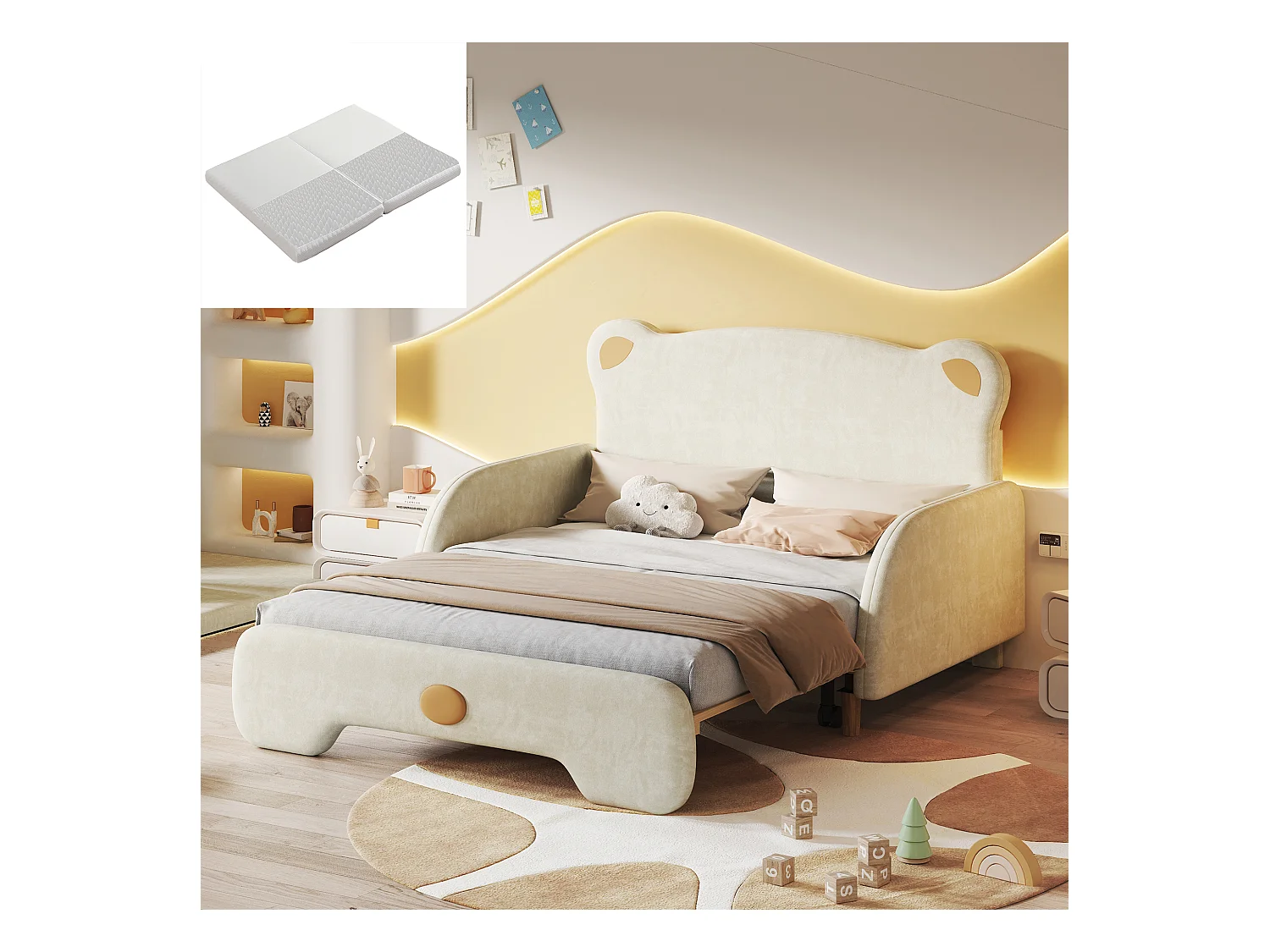 Łóżko dziecięce wysuwane - 2 x 100 x 140 cm - z materacem - aksamit - białe