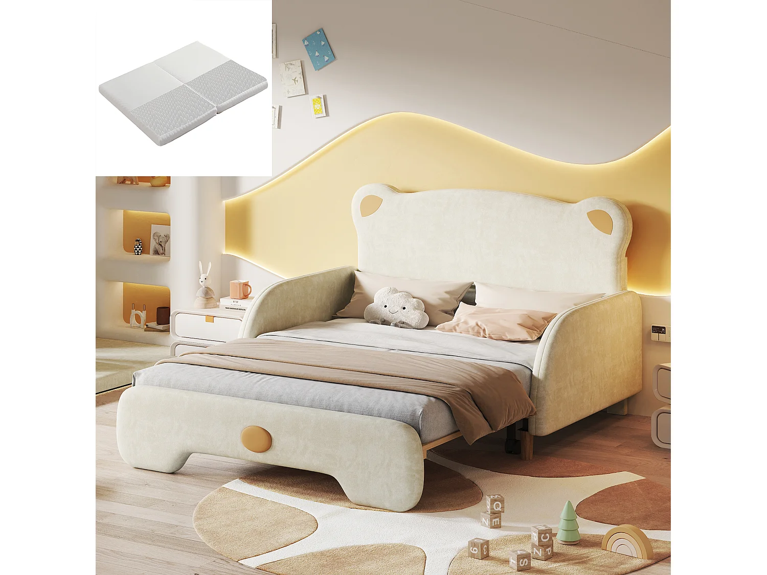 Letto estraibile per bambini - 2 x 100 x 140 cm - con materasso - velluto - bianco