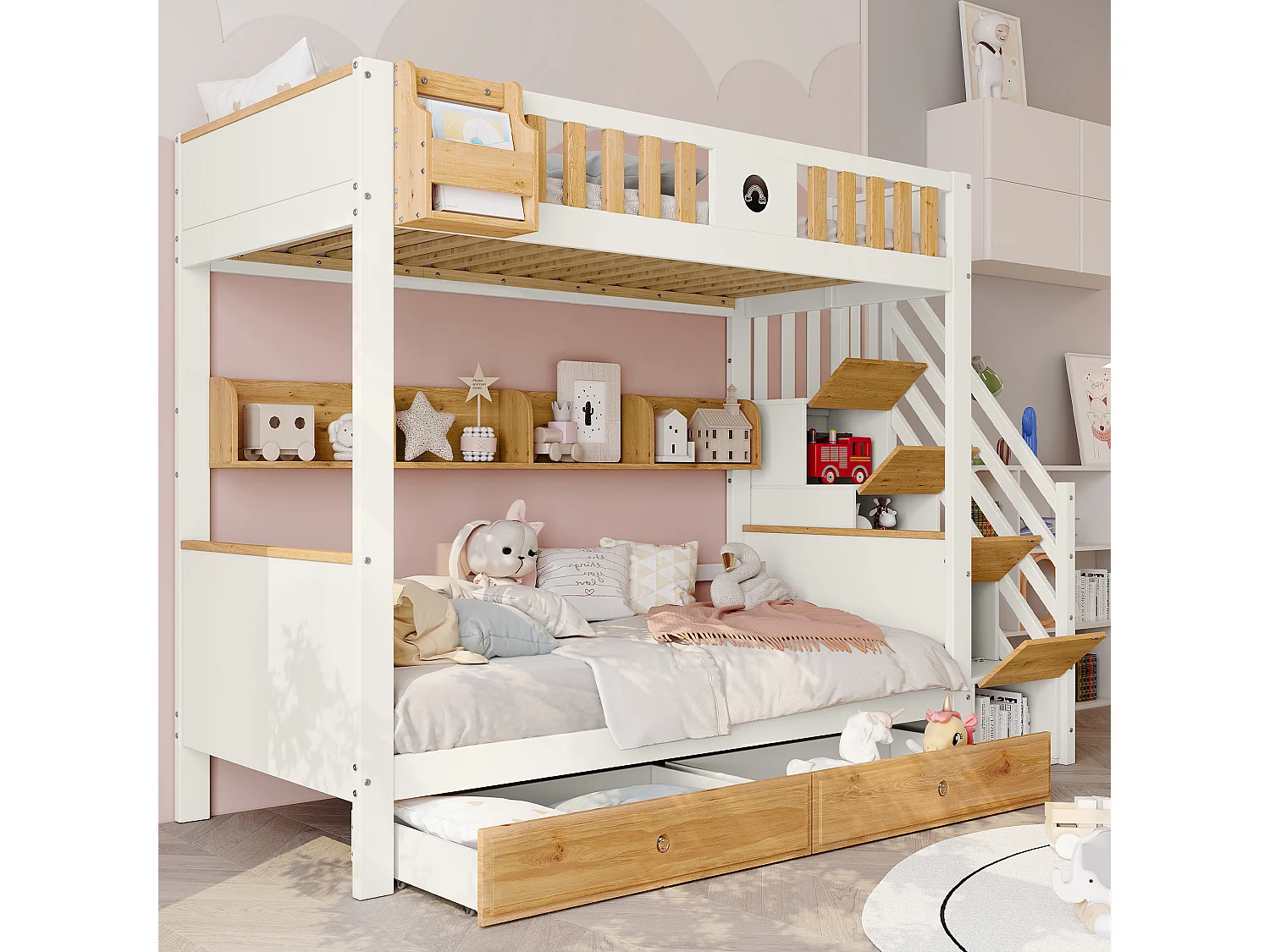 Lit superposé pour enfant - 2 x 90 x 200 - 2 tiroirs + 4 rangements dans l'escalier - pin et MDF - blanc