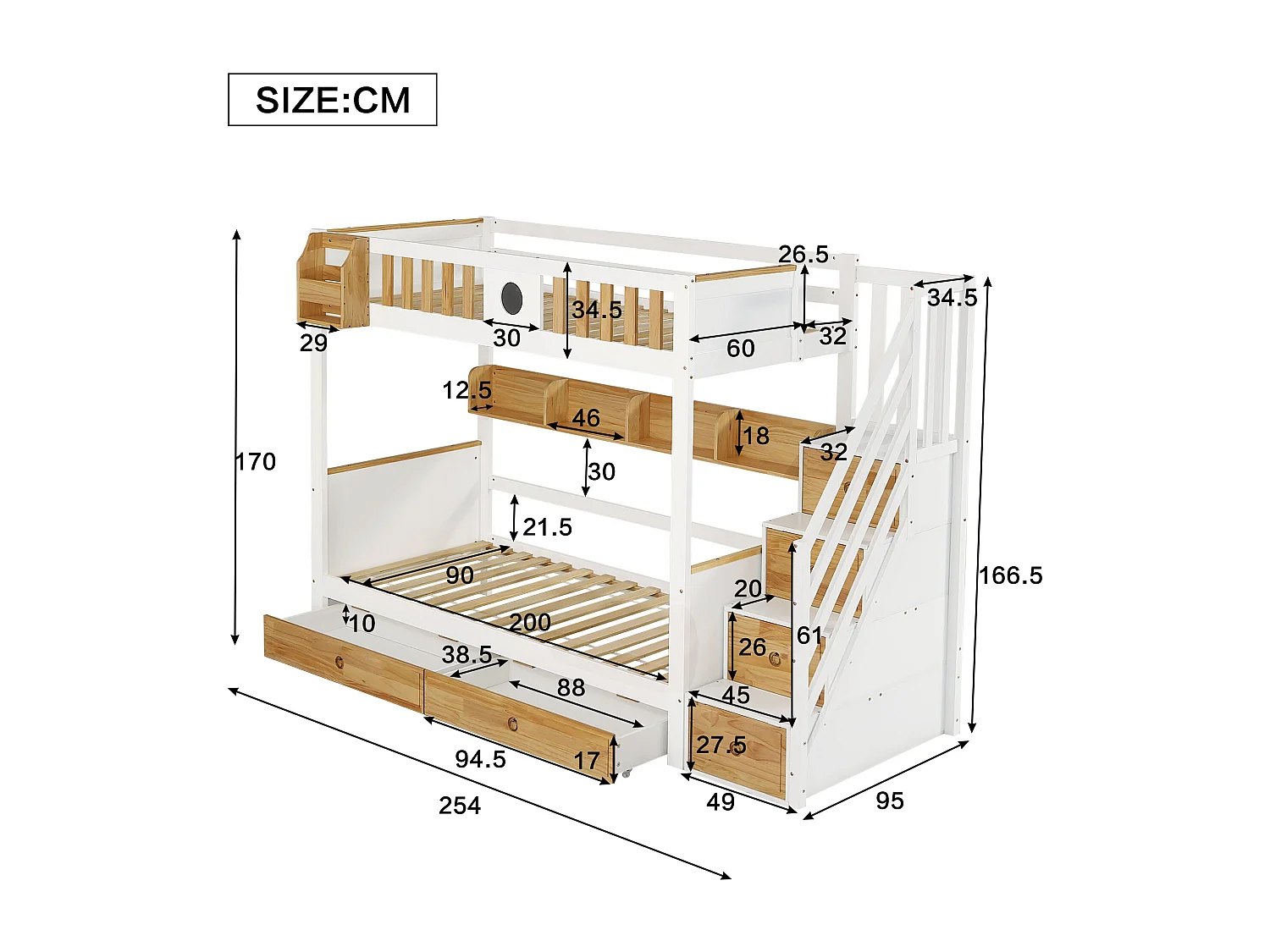 Lit superposé pour enfant - 2 x 90 x 200 - 2 tiroirs + 4 rangements dans l'escalier - pin et MDF - blanc