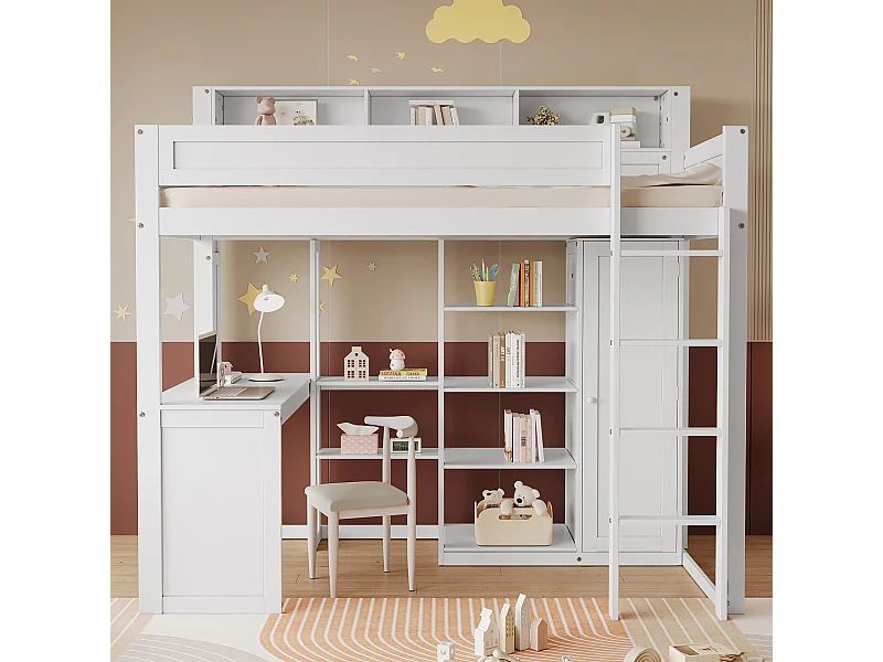 Kinderhochbett mit Kleiderschrank - 90 x 200 cm - mit Stauraum und Schreibtisch - Kiefer + MDF + Sperrholz - weiß