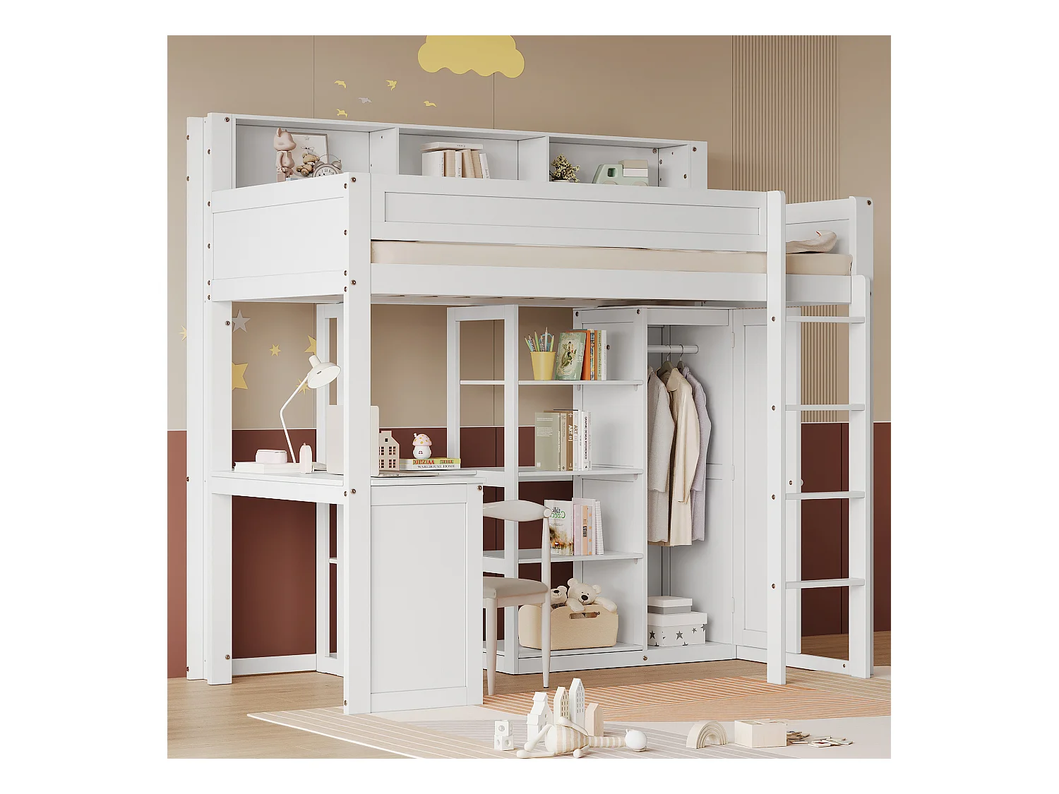 Lit mezzanine enfant avec armoire - 90 x 200 cm - avec rangement et bureau - pin + MDF + contreplaqué - blanc