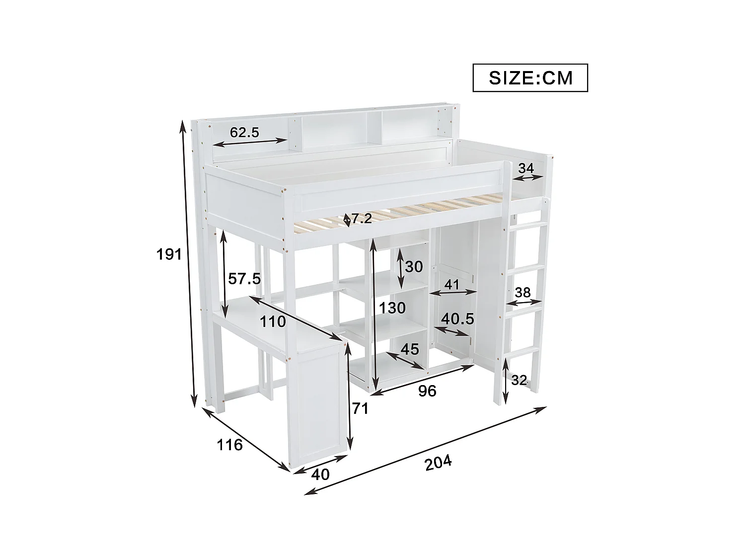 Lit mezzanine enfant avec armoire - 90 x 200 cm - avec rangement et bureau - pin + MDF + contreplaqué - blanc