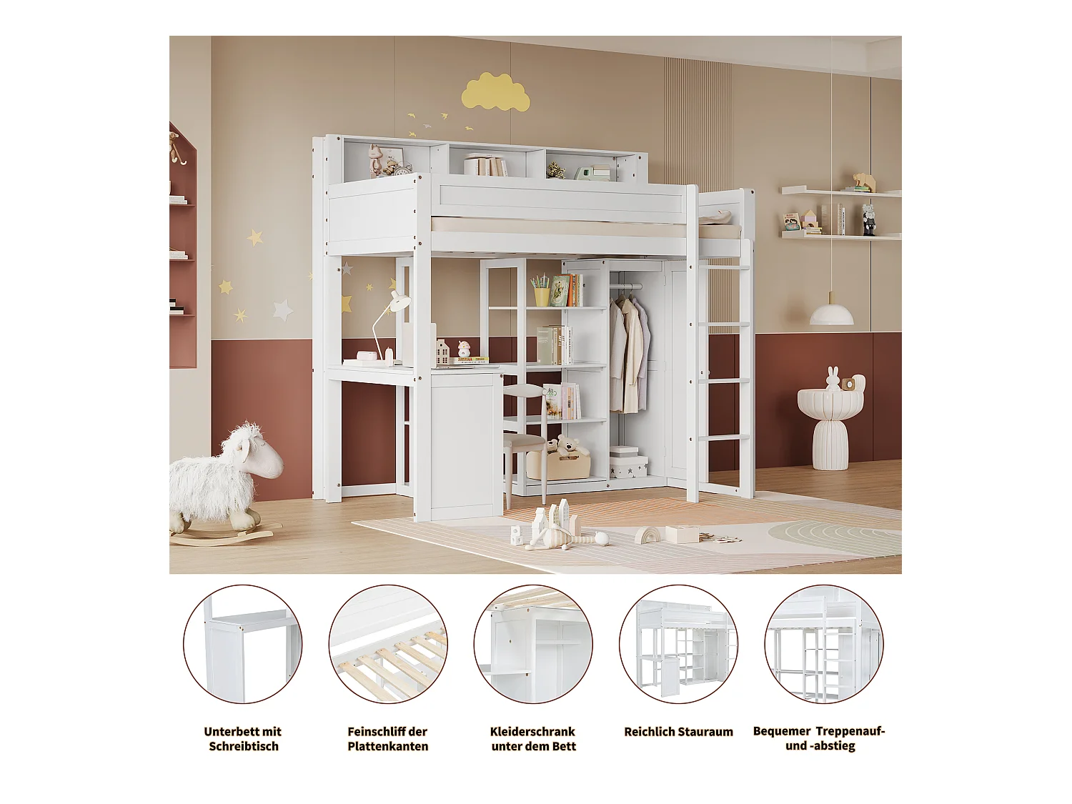 Lit mezzanine enfant avec armoire - 90 x 200 cm - avec rangement et bureau - pin + MDF + contreplaqué - blanc