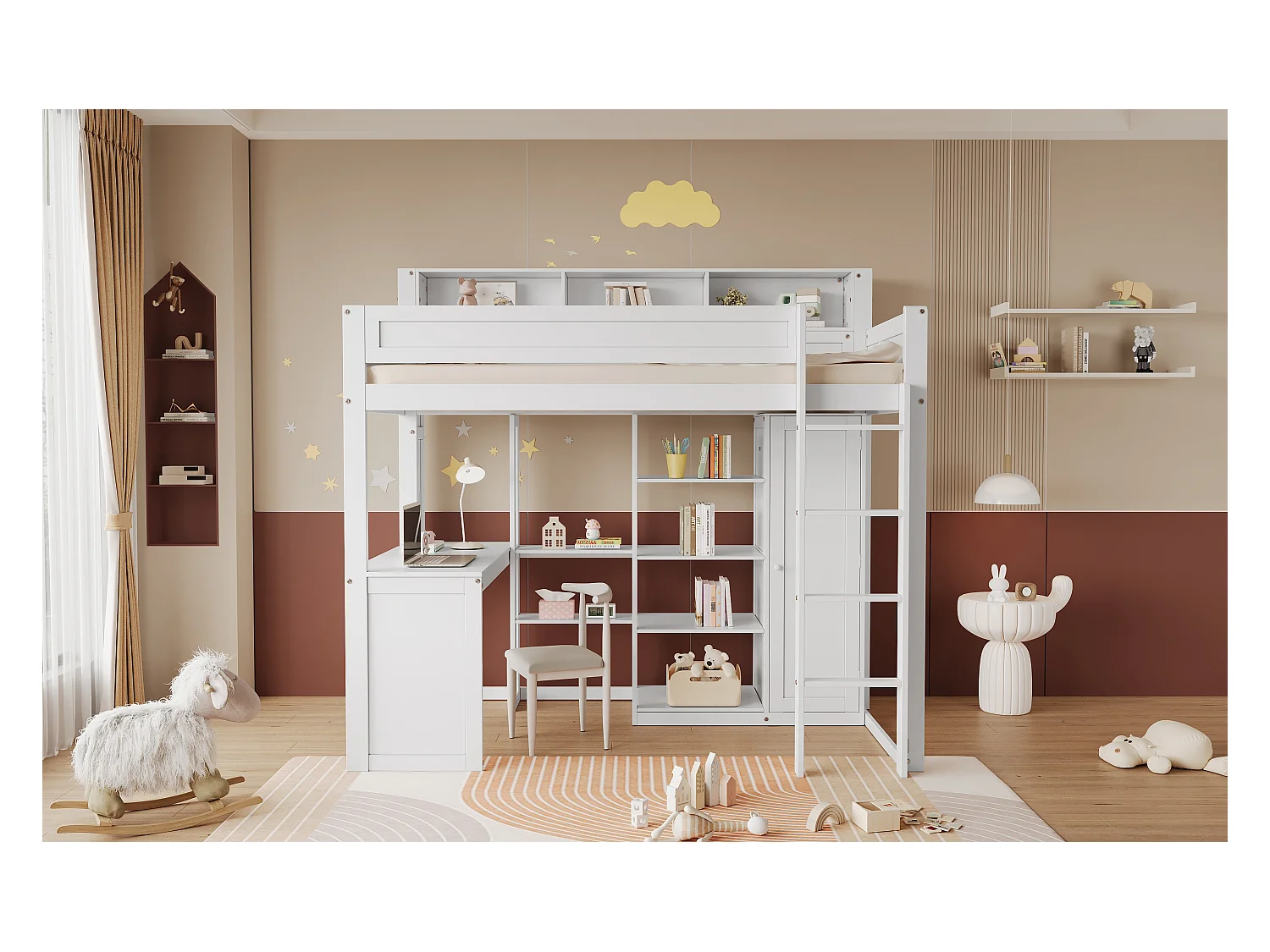 Lit mezzanine enfant avec armoire - 90 x 200 cm - avec rangement et bureau - pin + MDF + contreplaqué - blanc