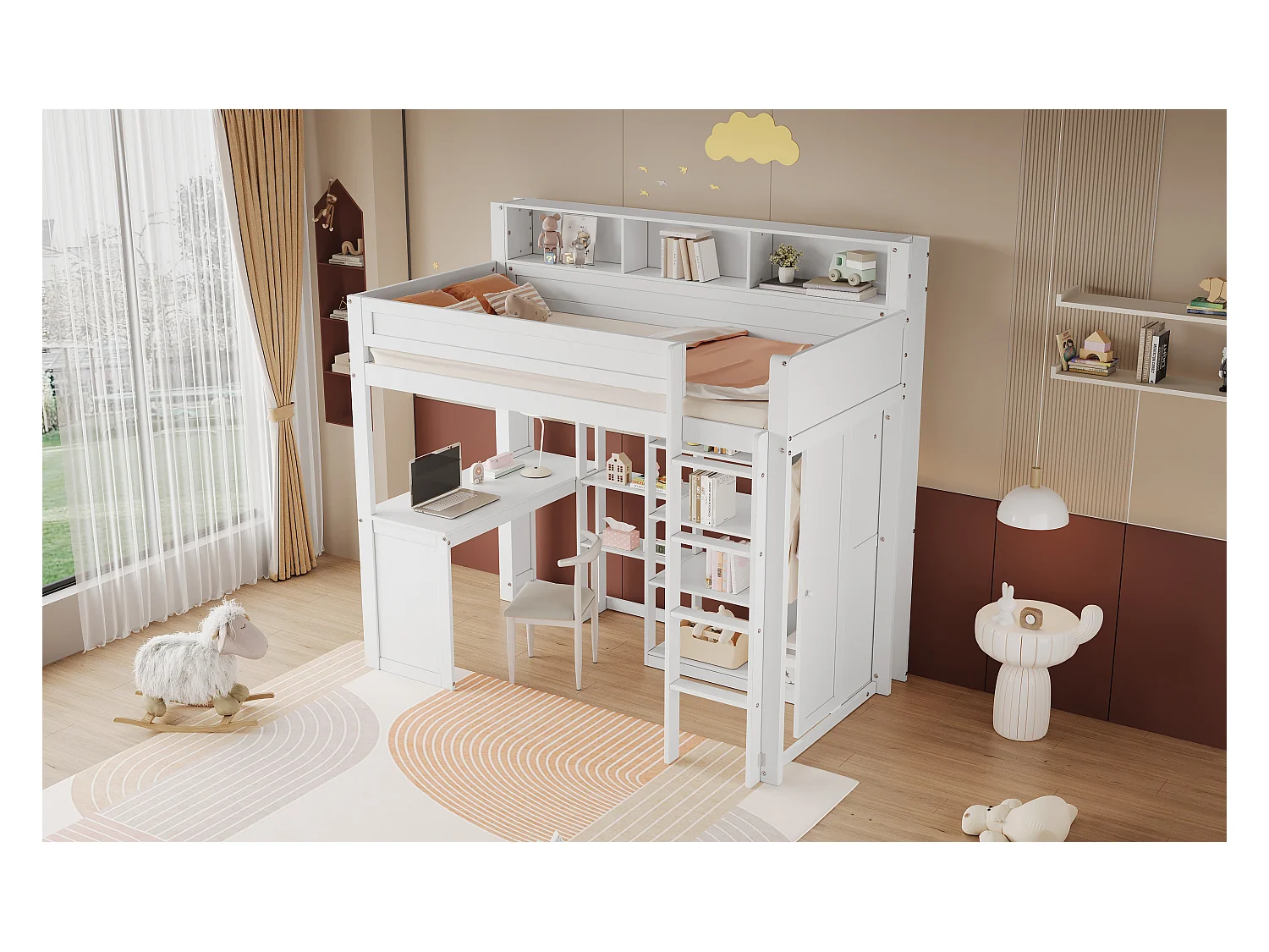 Lit mezzanine enfant avec armoire - 90 x 200 cm - avec rangement et bureau - pin + MDF + contreplaqué - blanc