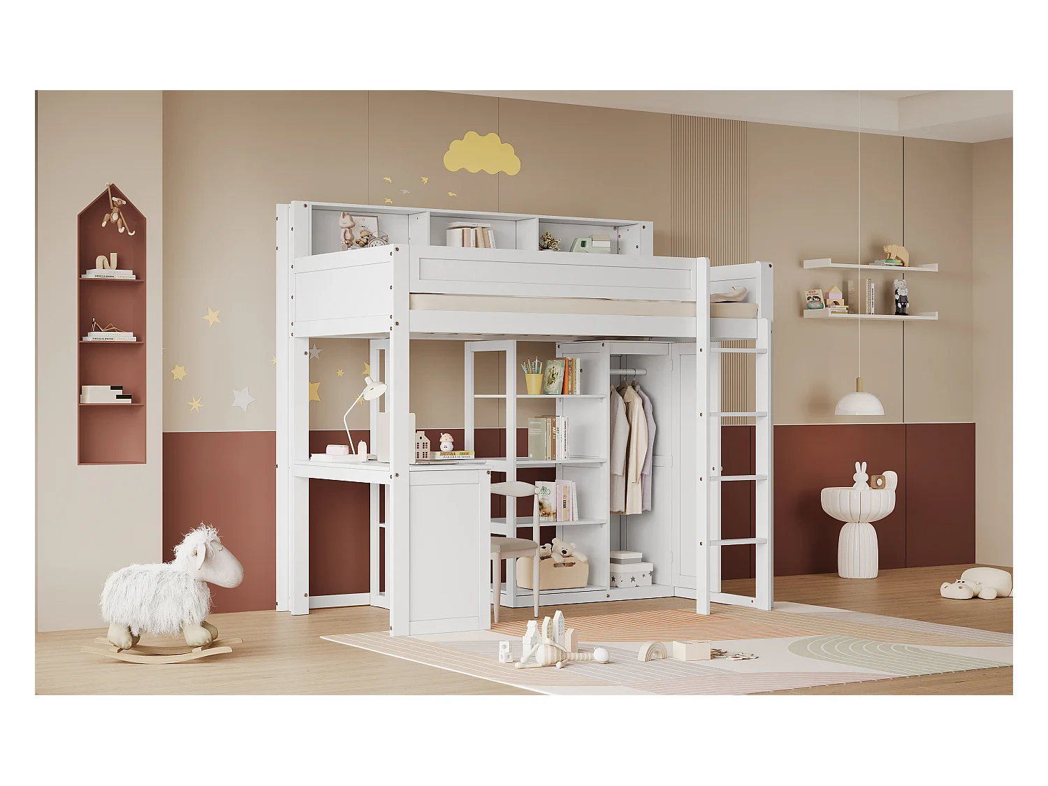 Lit mezzanine enfant avec armoire - 90 x 200 cm - avec rangement et bureau - pin + MDF + contreplaqué - blanc