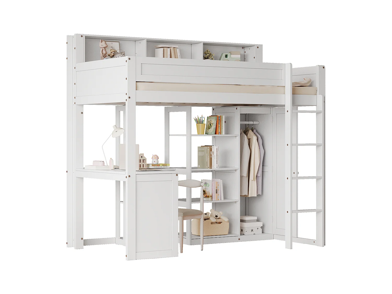 Lit mezzanine enfant avec armoire - 90 x 200 cm - avec rangement et bureau - pin + MDF + contreplaqué - blanc