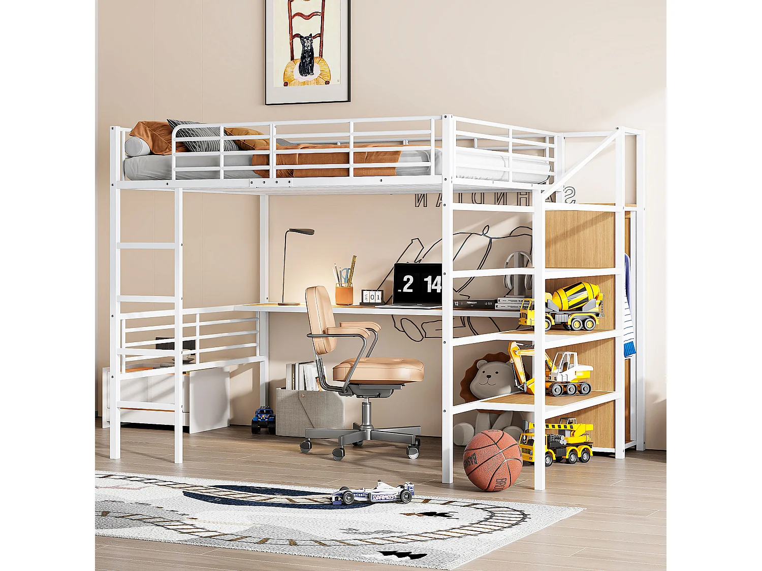 Loftseng - 140 x 200 cm - med skrivebord og garderobe - med opbevaring - Metal + MDF - hvid