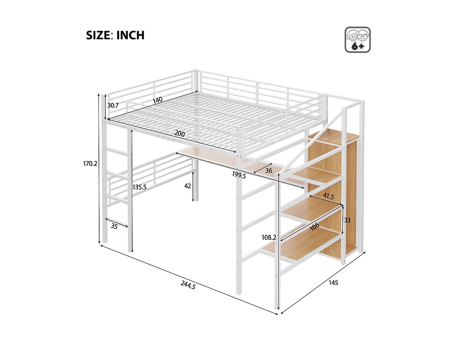 Loftseng - 140 x 200 cm - med skrivebord og garderobe - med opbevaring - Metal + MDF - hvid