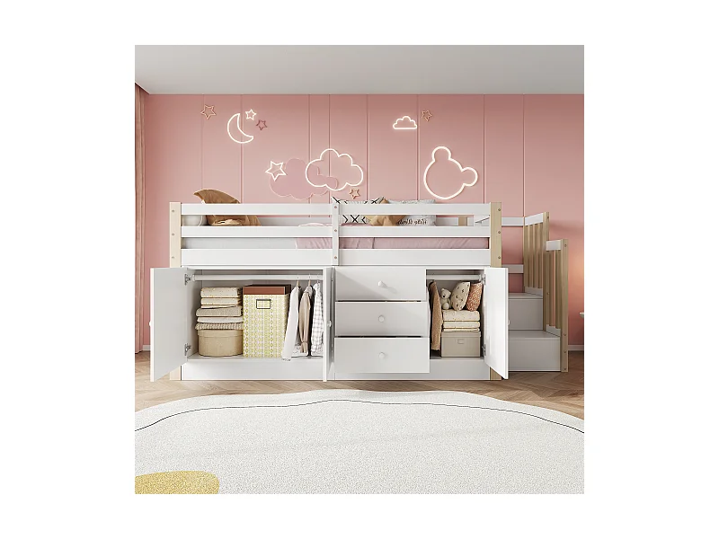 Kinder-Halbhochbett - 90 x 200 cm - mit Treppe + 3 Schubladen - 2 Kleiderschränke - weiß