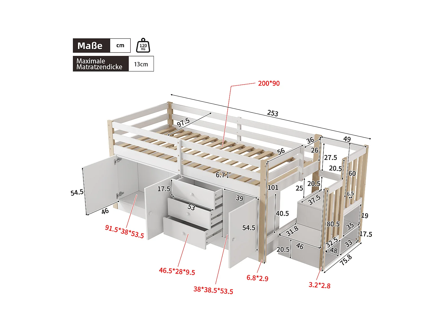 Kinder-Halbhochbett - 90 x 200 cm - mit Treppe + 3 Schubladen - 2 Kleiderschränke - weiß