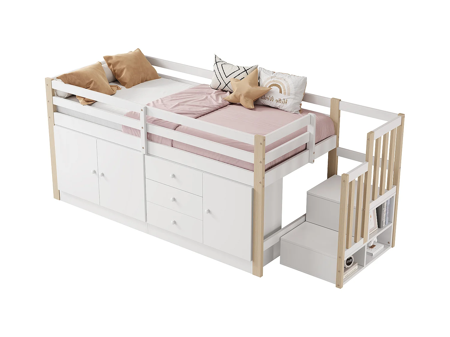 Kinder-Halbhochbett - 90 x 200 cm - mit Treppe + 3 Schubladen - 2 Kleiderschränke - weiß