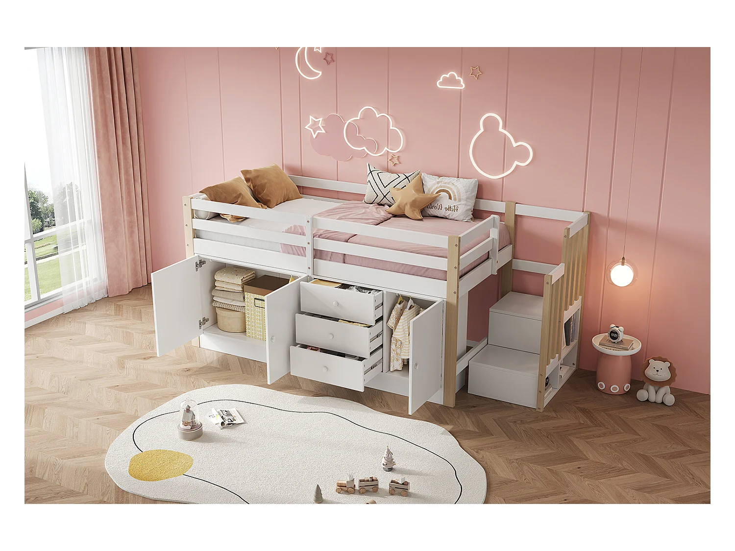 Kinder-Halbhochbett - 90 x 200 cm - mit Treppe + 3 Schubladen - 2 Kleiderschränke - weiß