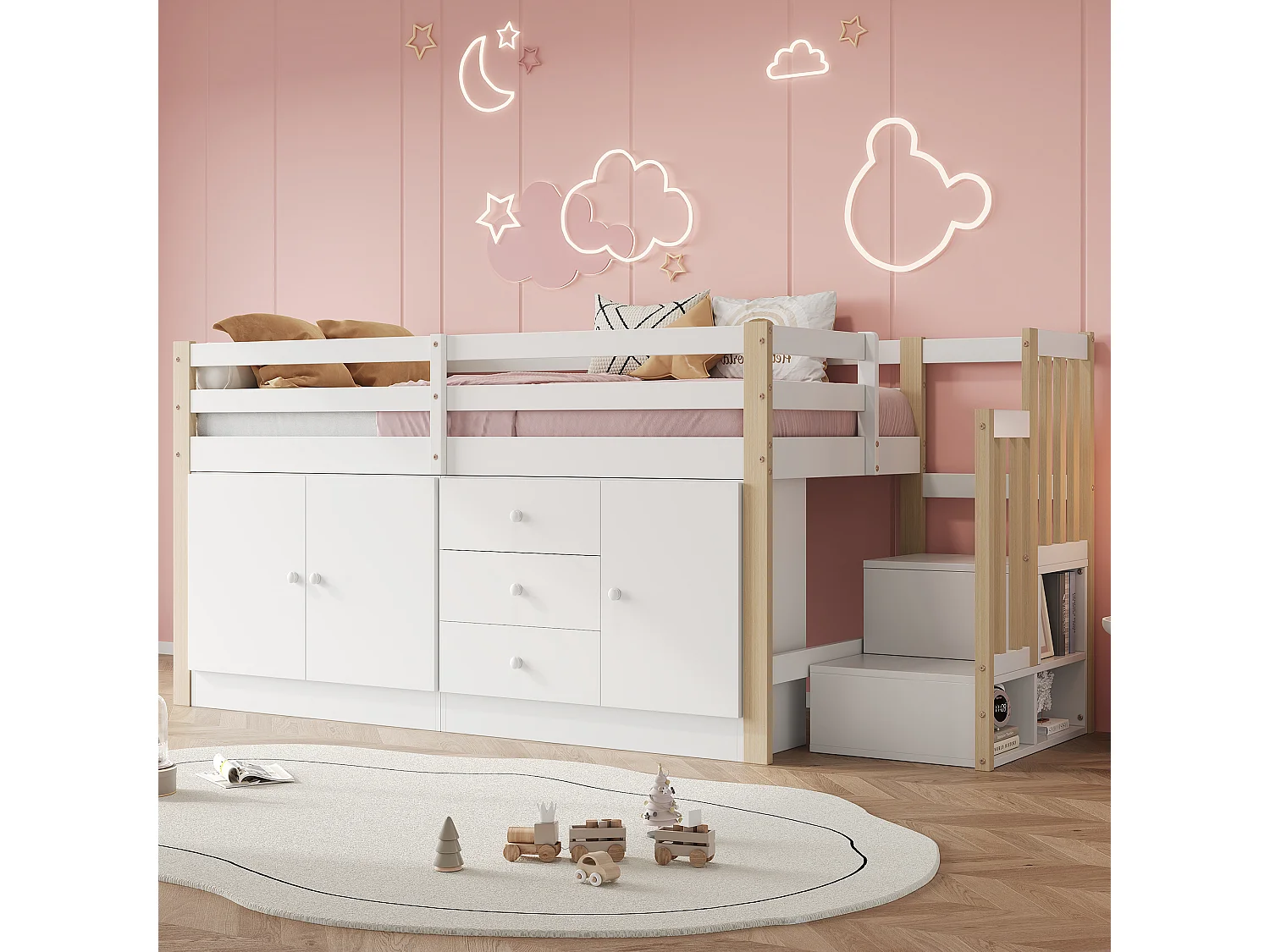 Lit mi hauteur pour enfant - 90 x 200 cm - avec escalier + 3 tiroirs - 2 armoires - blanc