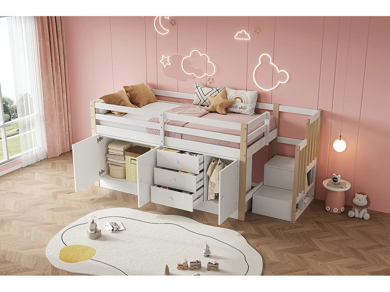 Lit mi hauteur pour enfant - 90 x 200 cm - avec escalier + 3 tiroirs - 2 armoires - blanc