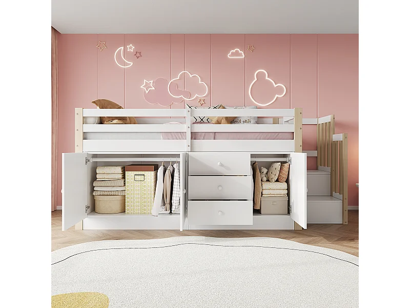 Lit mi hauteur pour enfant - 90 x 200 cm - avec escalier + 3 tiroirs - 2 armoires - blanc