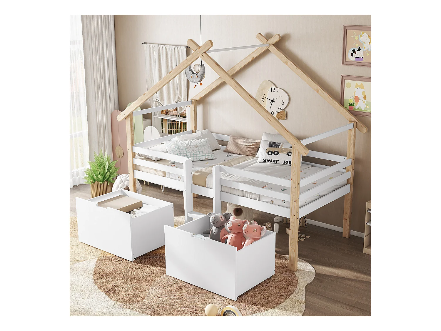 Cama de cabine infantil de altura média - 90 x 200 cm - com teto e escadas - 2 compartimentos de arrumação sobre rodas - pinho + MDF - branco