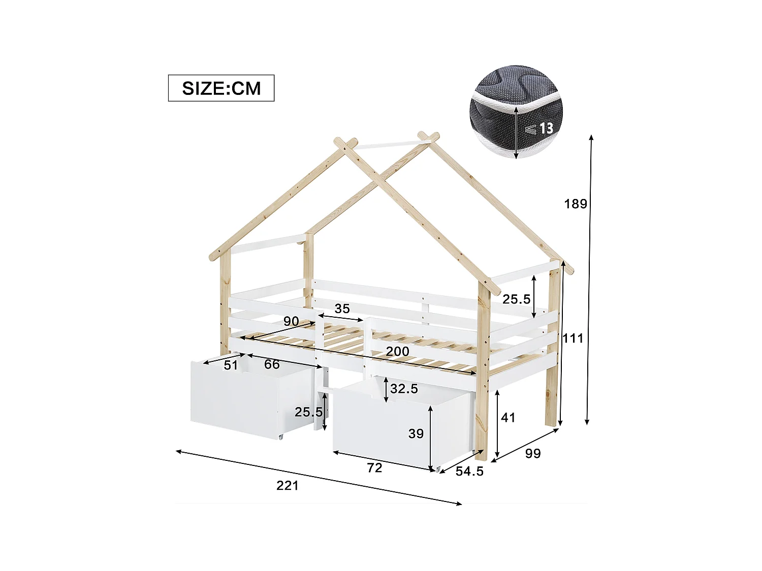Cama de cabine infantil de altura média - 90 x 200 cm - com teto e escadas - 2 compartimentos de arrumação sobre rodas - pinho + MDF - branco