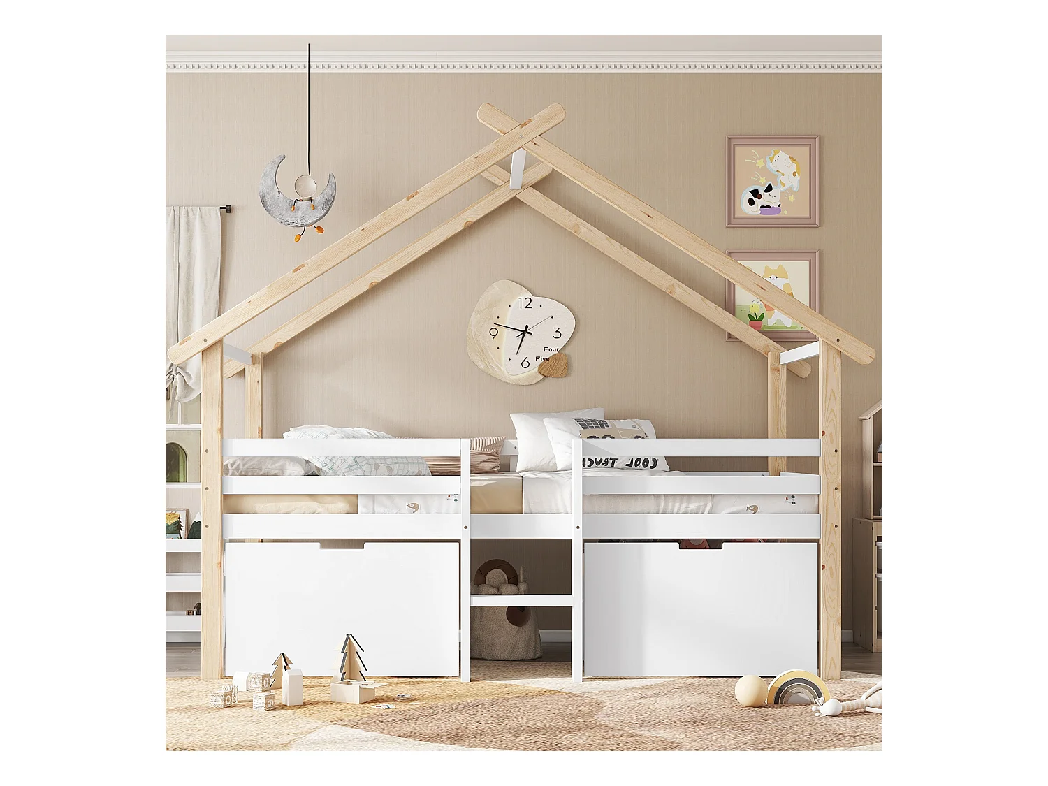 Lit mi hauteur cabane pour enfant - 90 x 200 cm - avec toit et escalier - 2 rangements à roulettes - pin + MDF - blanc