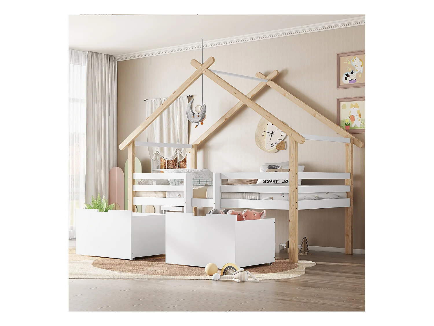 Łóżko dziecięce kabinowe średniej wysokości - 90 x 200 cm - z dachem i schodami - 2 schowki na kółkach - sosna + MDF - białe