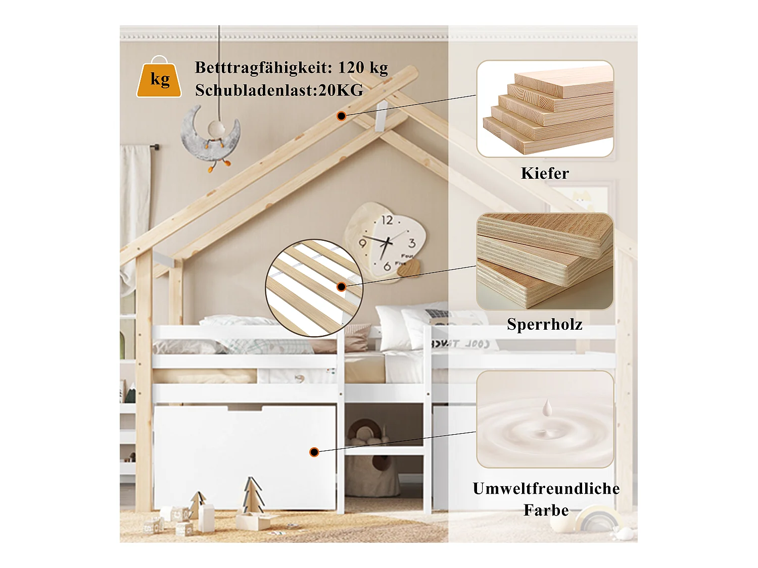 Łóżko dziecięce kabinowe średniej wysokości - 90 x 200 cm - z dachem i schodami - 2 schowki na kółkach - sosna + MDF - białe