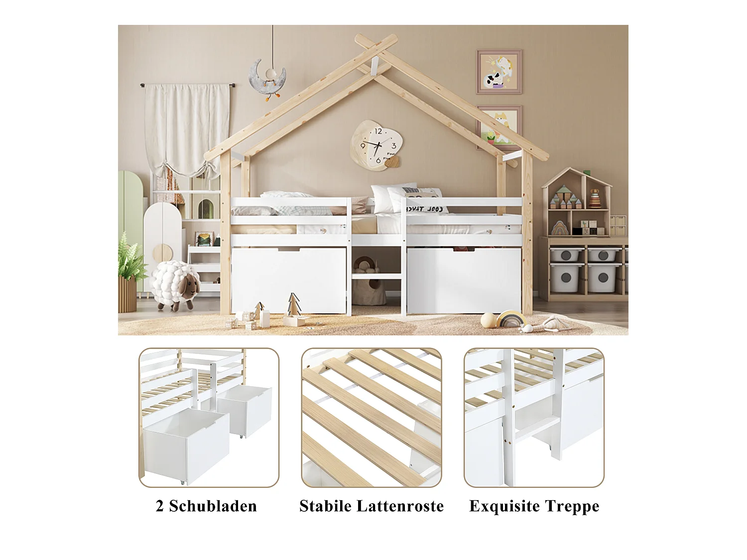 Łóżko dziecięce kabinowe średniej wysokości - 90 x 200 cm - z dachem i schodami - 2 schowki na kółkach - sosna + MDF - białe