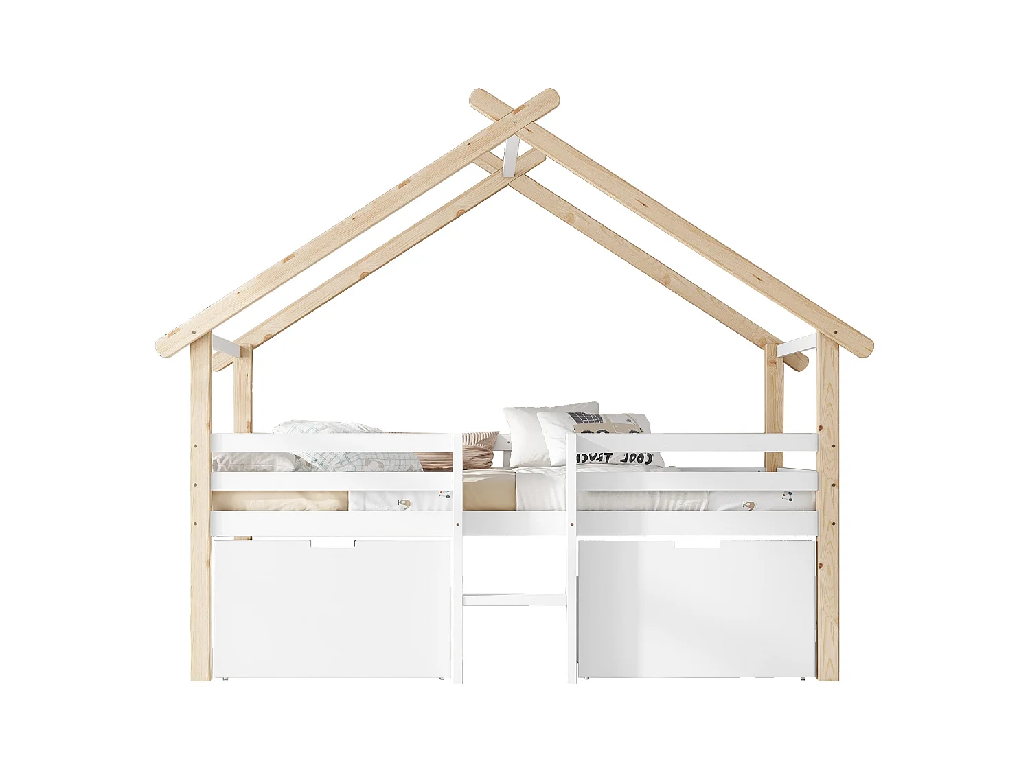 Łóżko dziecięce kabinowe średniej wysokości - 90 x 200 cm - z dachem i schodami - 2 schowki na kółkach - sosna + MDF - białe