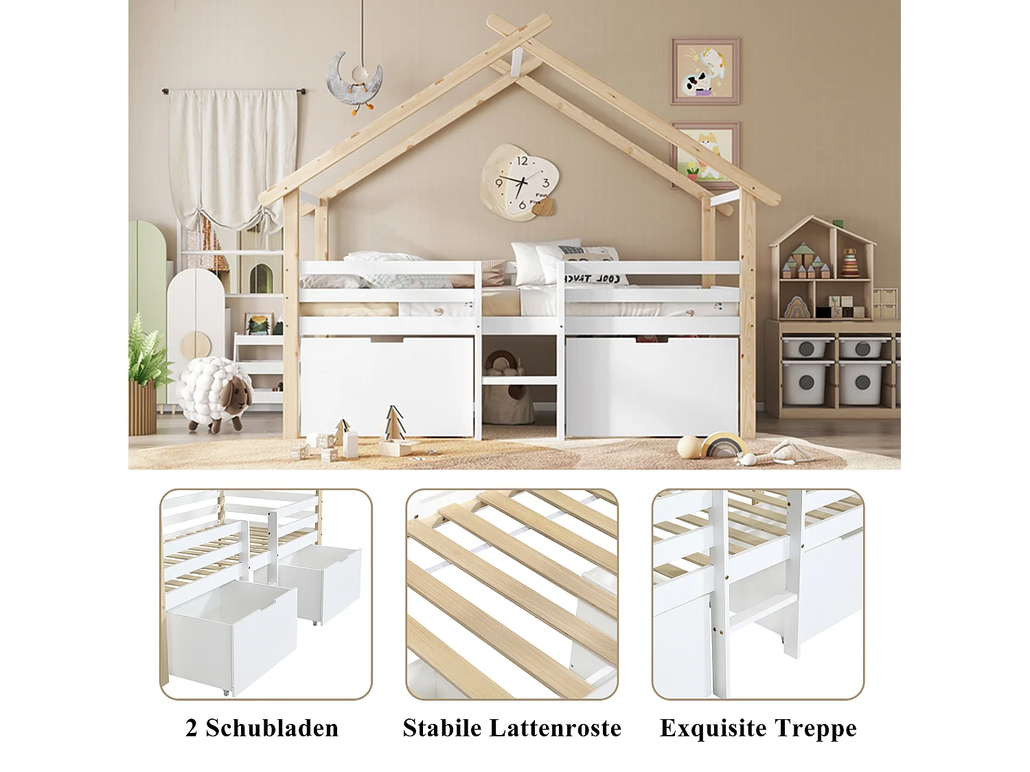 Lit mi hauteur cabane pour enfant - 90 x 200 cm - avec toit et escalier - 2 rangements à roulettes - pin + MDF - blanc