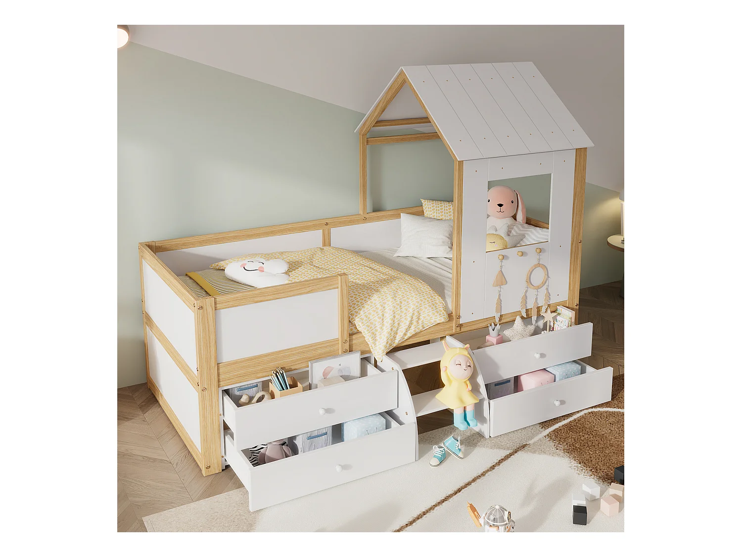 Lit enfant mi-hauteur - 90 x 200 cm - avec 4 tiroirs et petit escalier - pin + MDF + contreplaqué - blanc