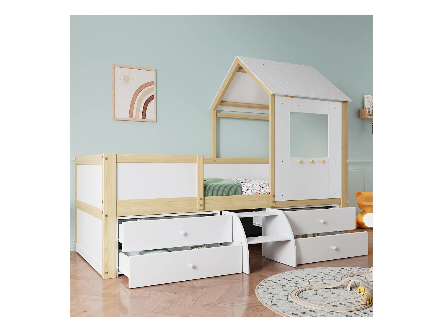 Lit enfant mi-hauteur - 90 x 200 cm - avec 4 tiroirs et petit escalier - pin + MDF + contreplaqué - blanc