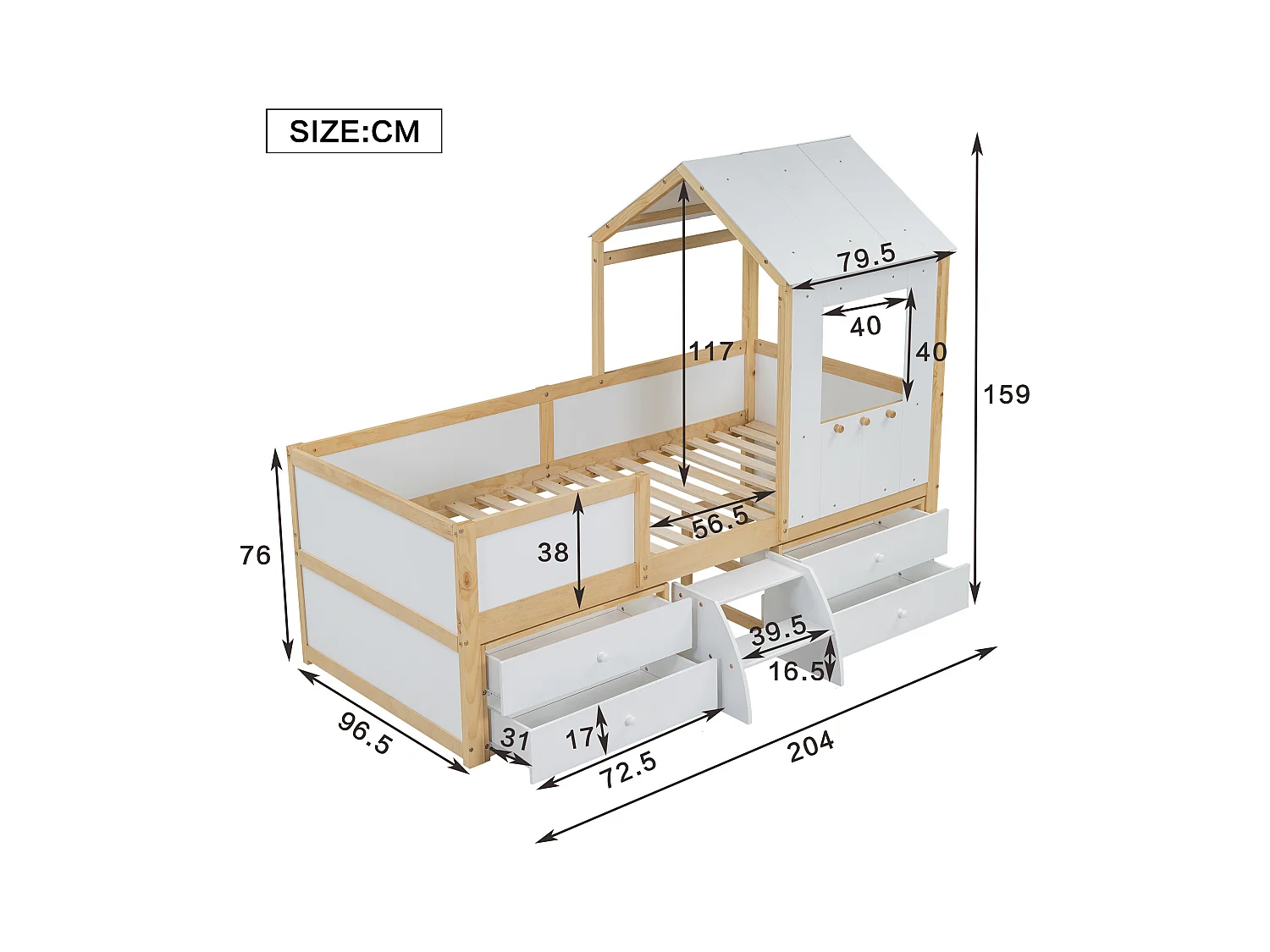 Lit enfant mi-hauteur - 90 x 200 cm - avec 4 tiroirs et petit escalier - pin + MDF + contreplaqué - blanc