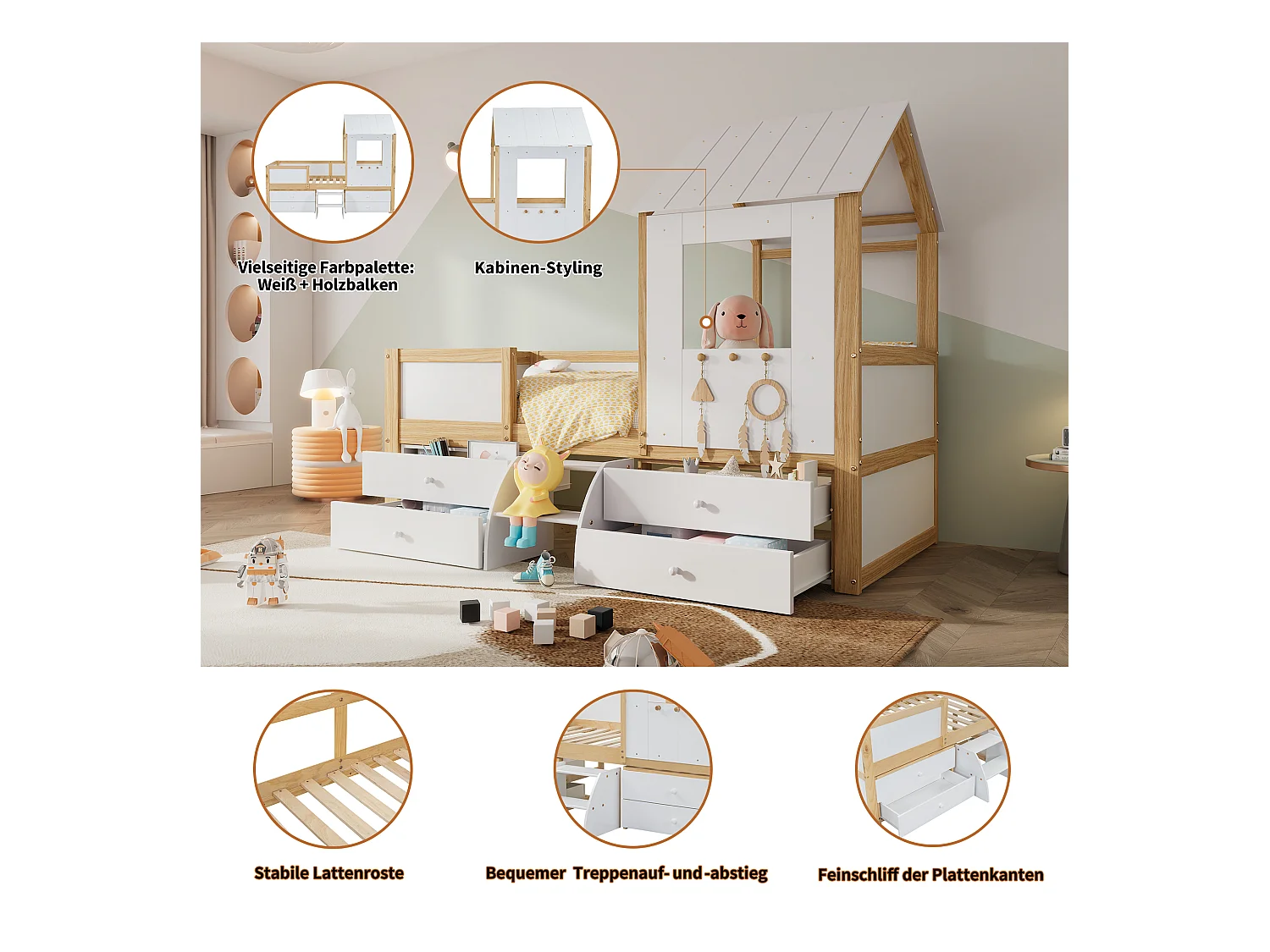 Lit enfant mi-hauteur - 90 x 200 cm - avec 4 tiroirs et petit escalier - pin + MDF + contreplaqué - blanc