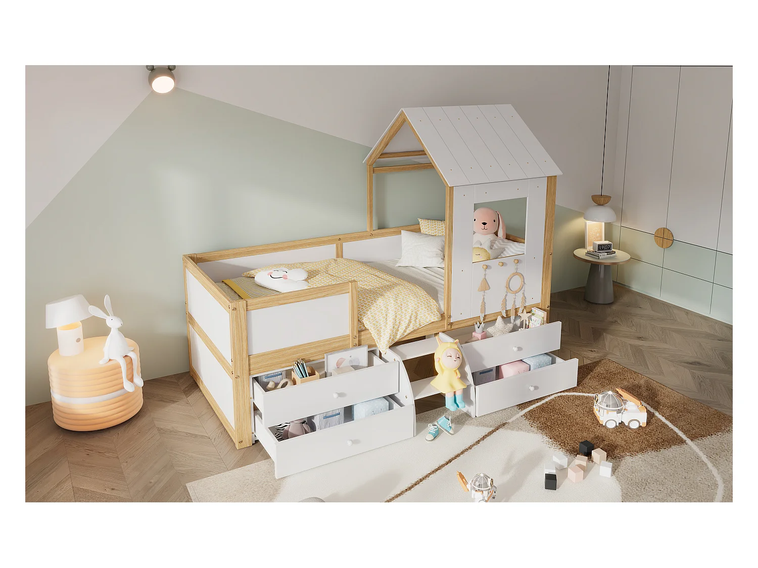 Lit enfant mi-hauteur - 90 x 200 cm - avec 4 tiroirs et petit escalier - pin + MDF + contreplaqué - blanc