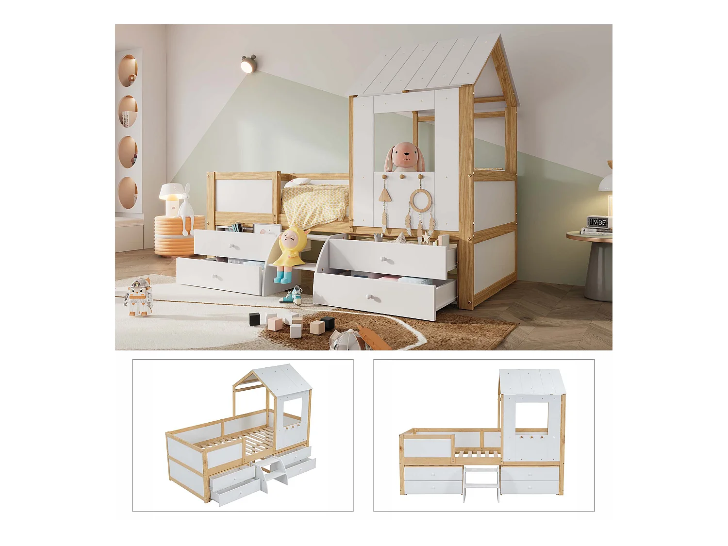 Halbhohes Kinderbett - 90 x 200 cm - mit 4 Schubladen und kleiner Treppe - Kiefer + MDF + Sperrholz - weiß