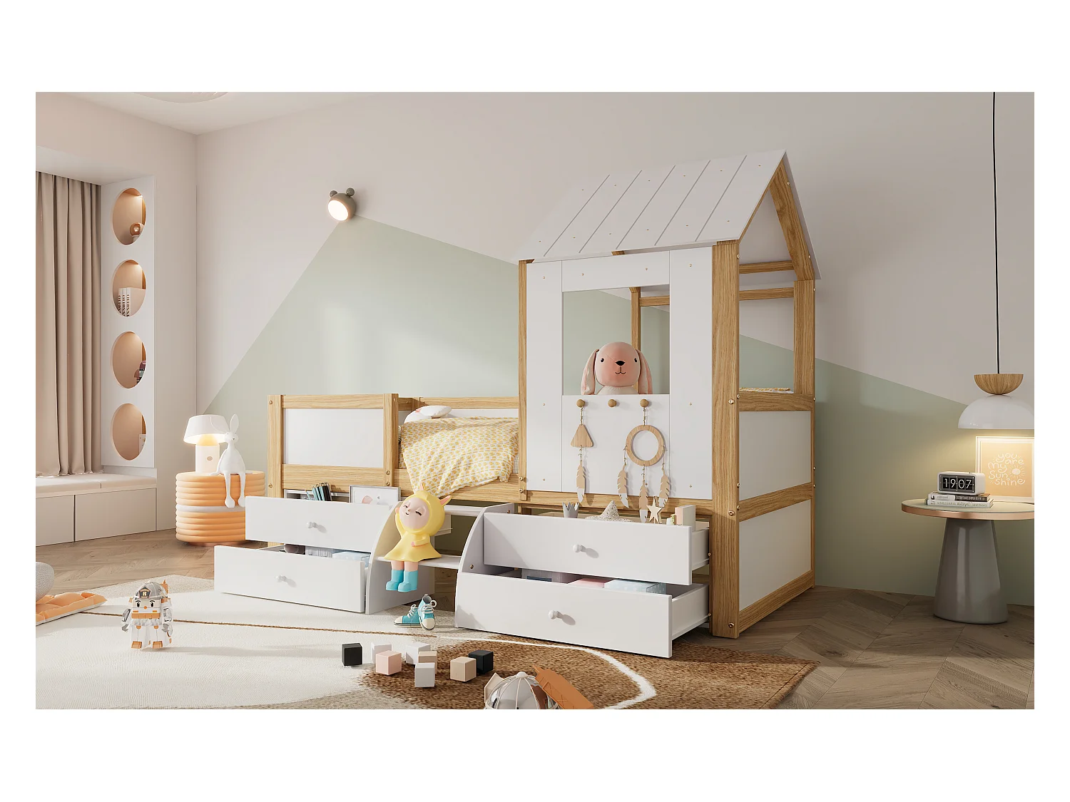 Halbhohes Kinderbett - 90 x 200 cm - mit 4 Schubladen und kleiner Treppe - Kiefer + MDF + Sperrholz - weiß